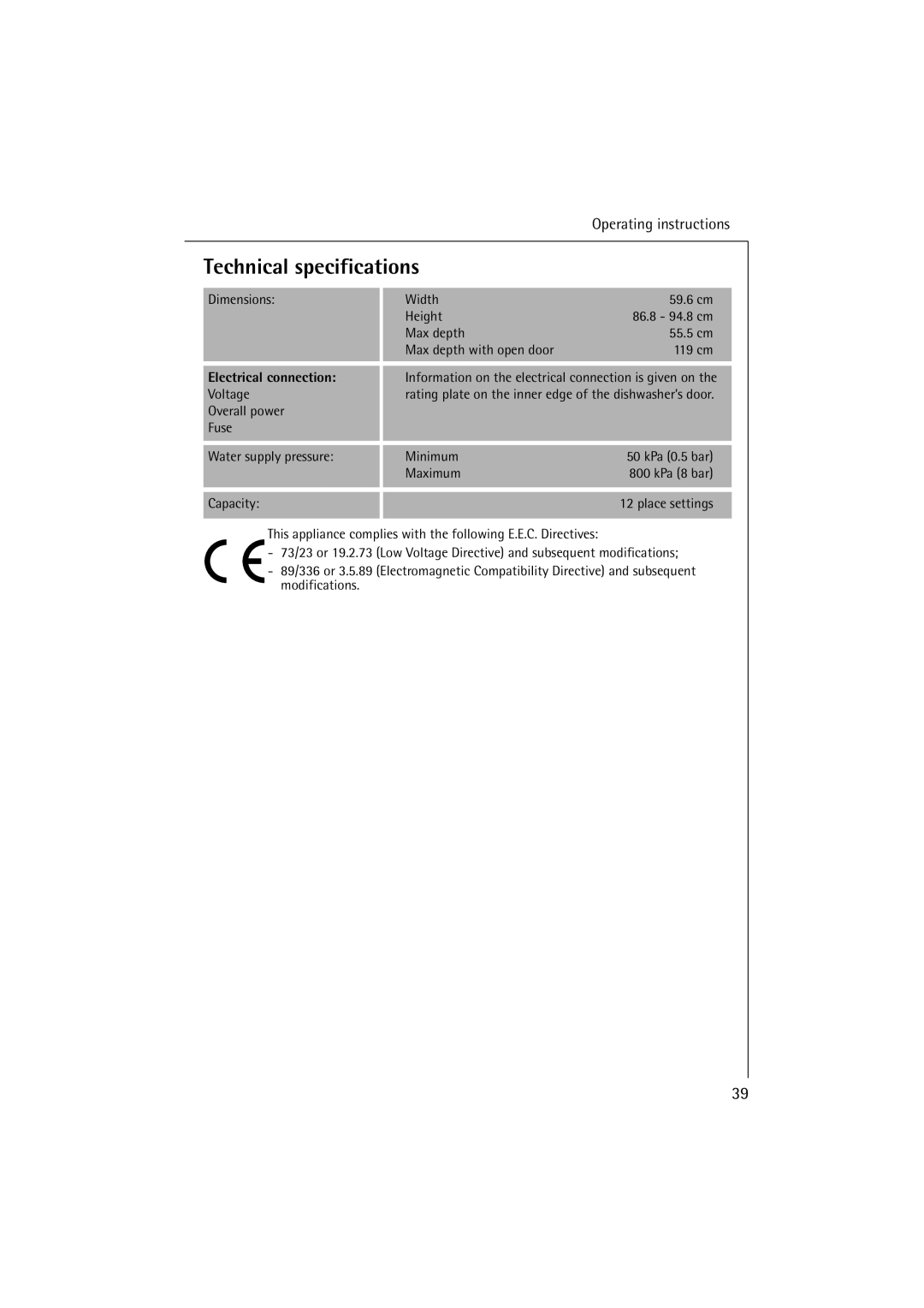 Electrolux FAVORIT 64070 manual Technical specifications, Electrical connection 