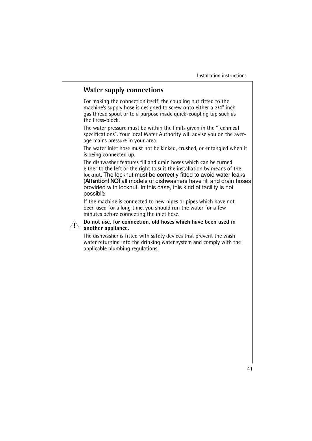 Electrolux FAVORIT 64070 manual Water supply connections 