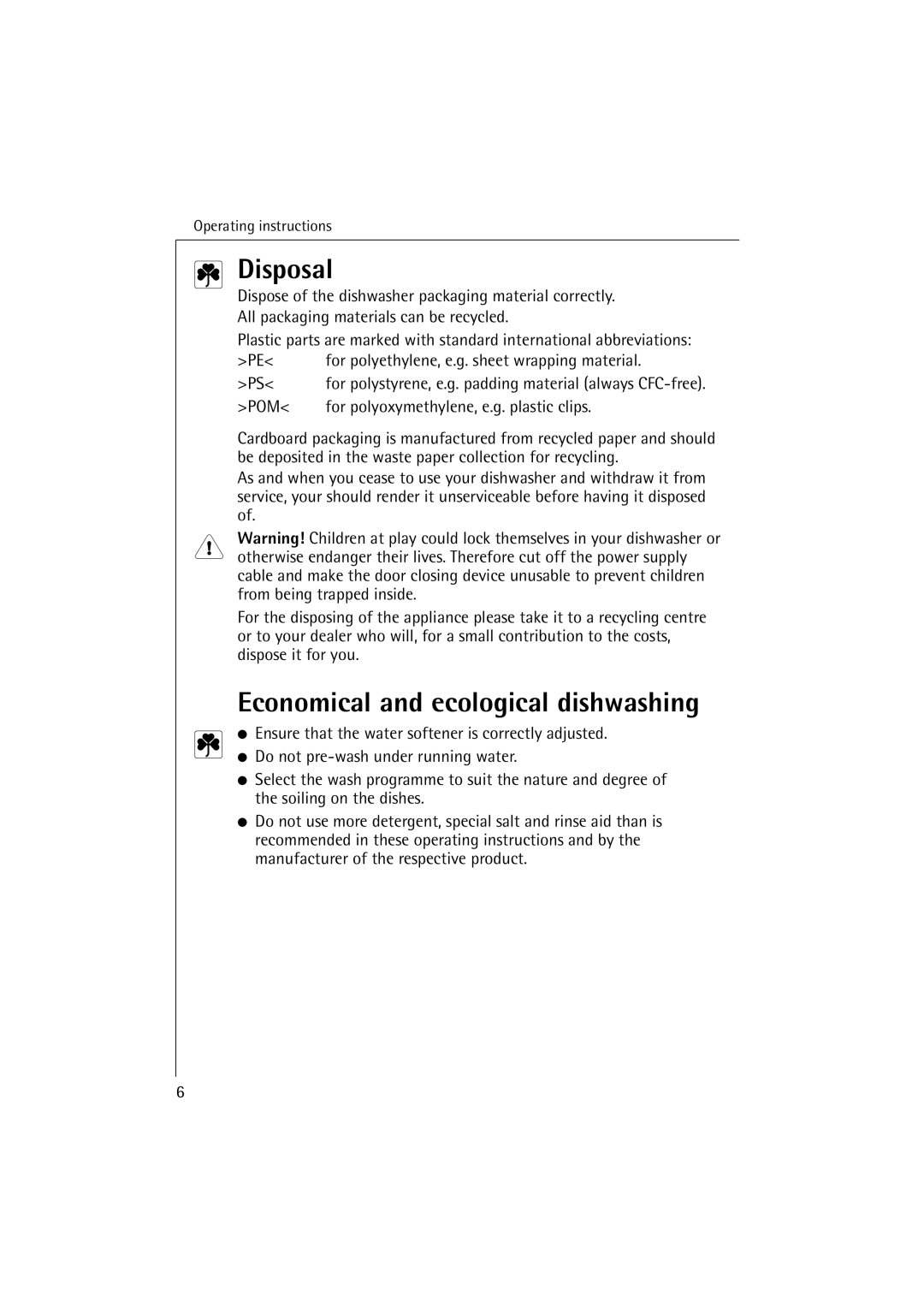 Electrolux FAVORIT 64070 manual Disposal, Economical and ecological dishwashing 