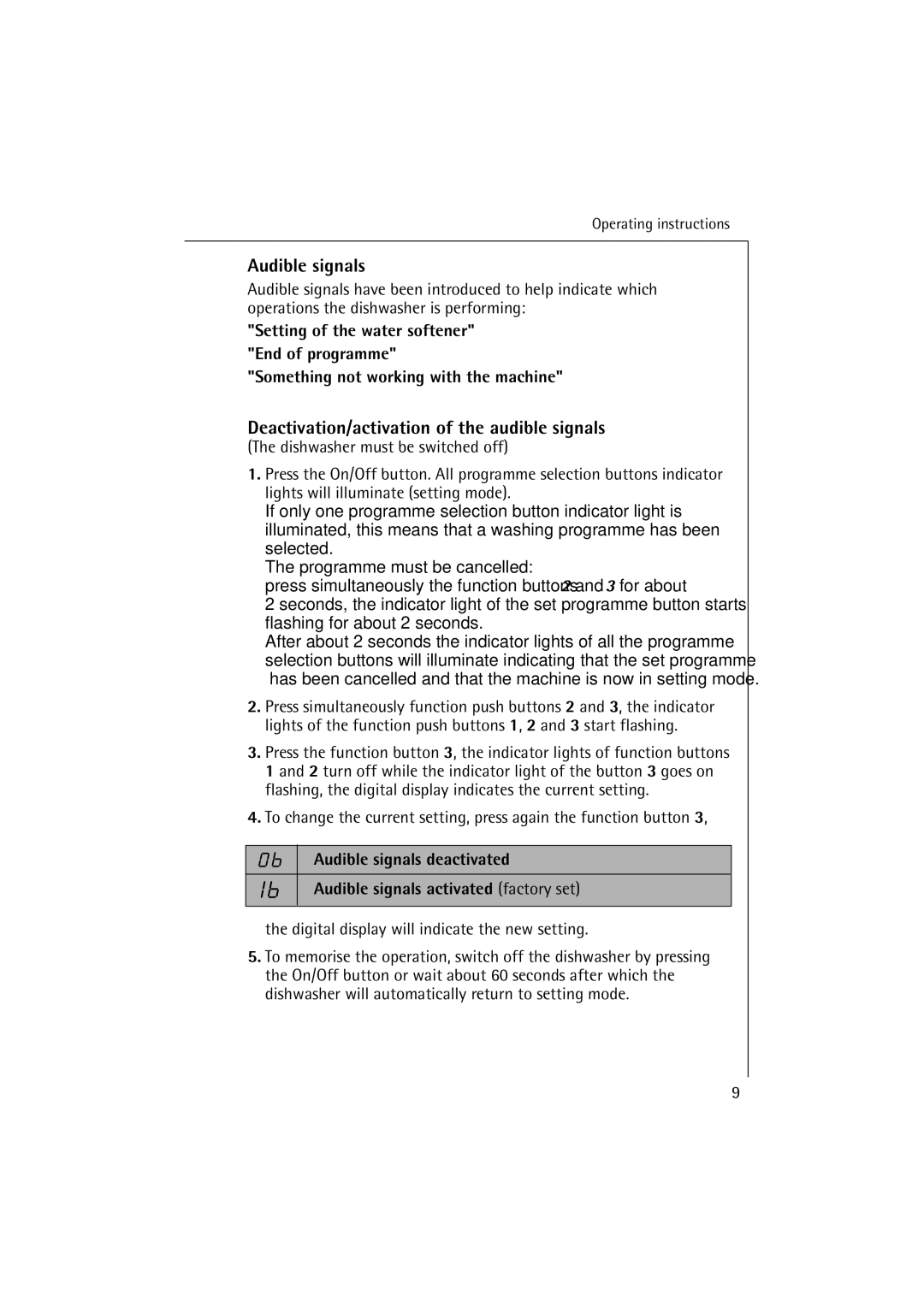 Electrolux FAVORIT 64070 manual Audible signals, Deactivation/activation of the audible signals 