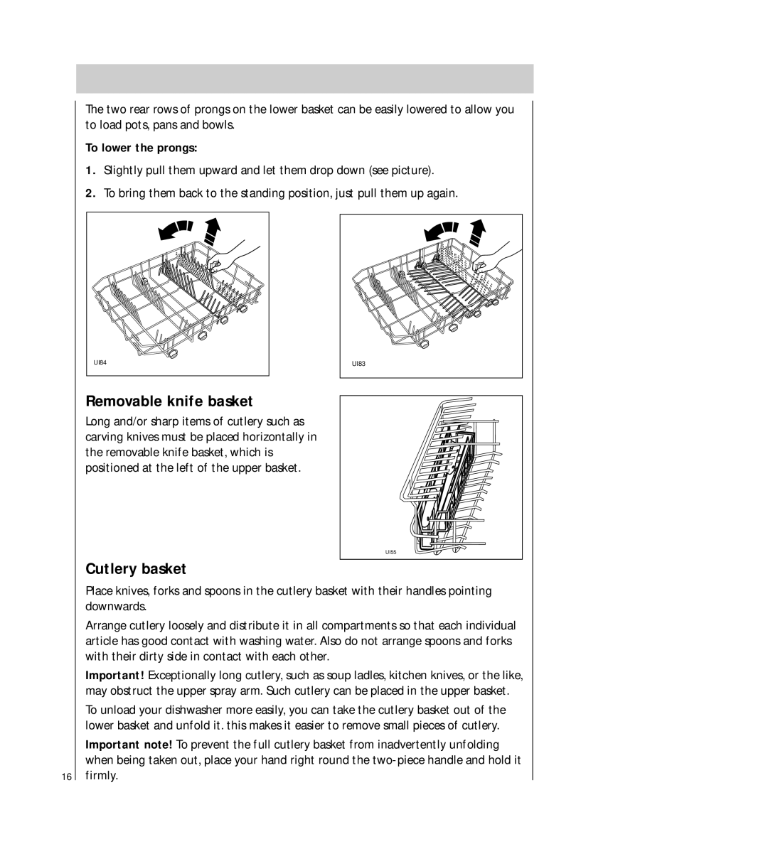 Electrolux FAVORIT 64800 manual Removable knife basket, Cutlery basket, To lower the prongs 