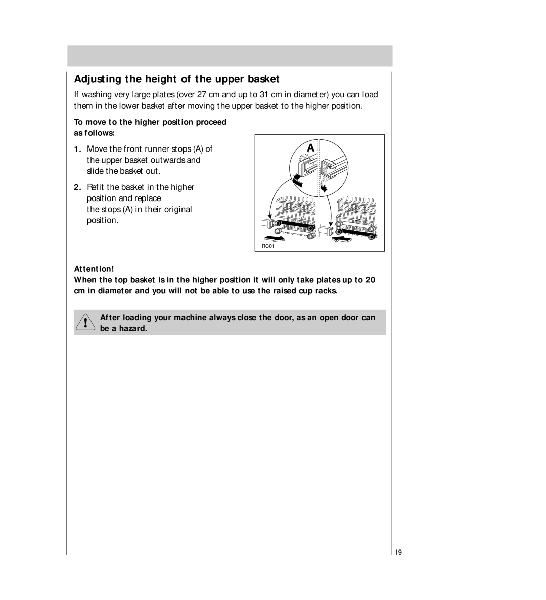 Electrolux FAVORIT 64800 manual Adjusting the height of the upper basket, To move to the higher position proceed as follows 