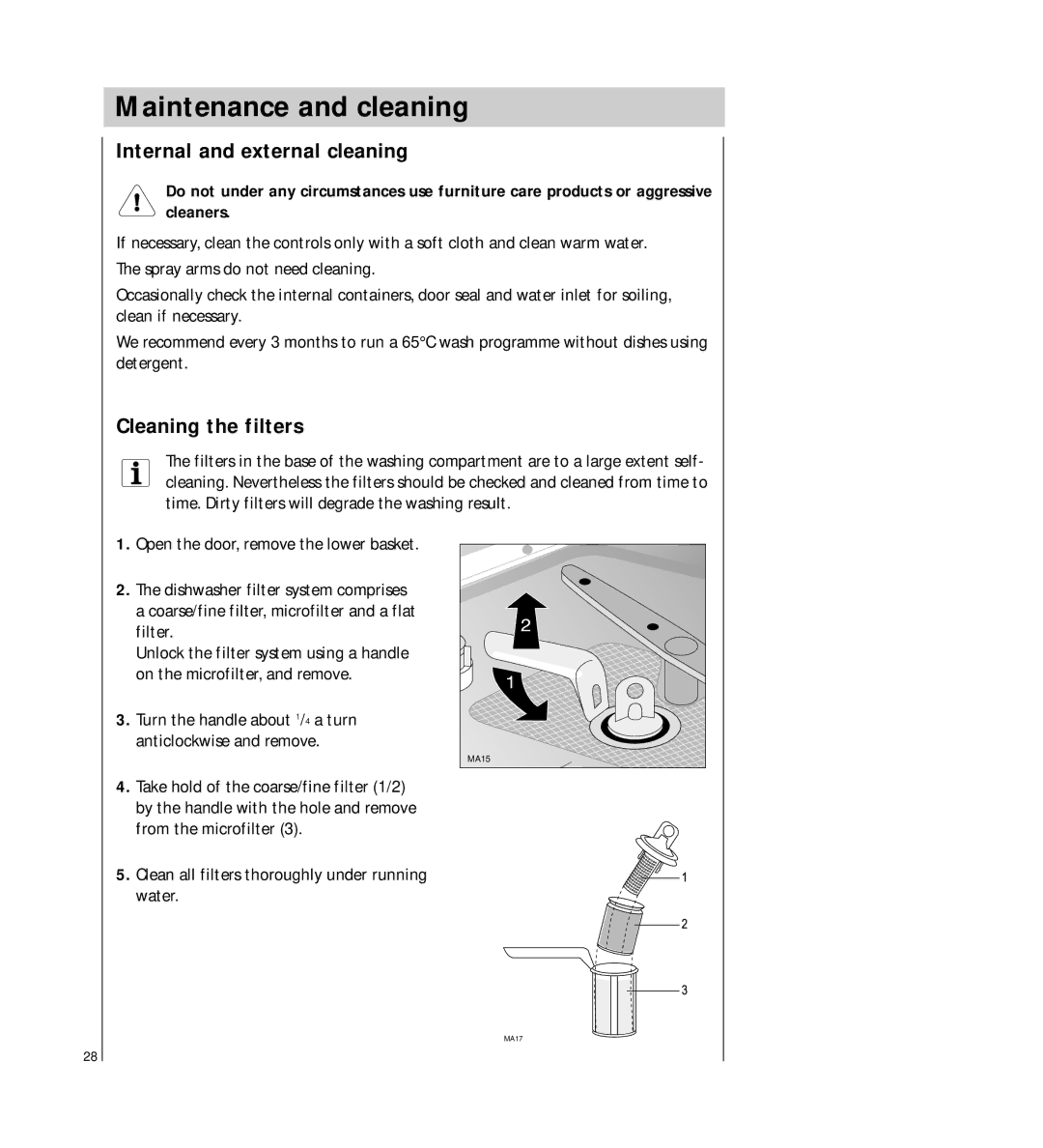 Electrolux FAVORIT 64800 manual Maintenance and cleaning, Internal and external cleaning, Cleaning the filters 