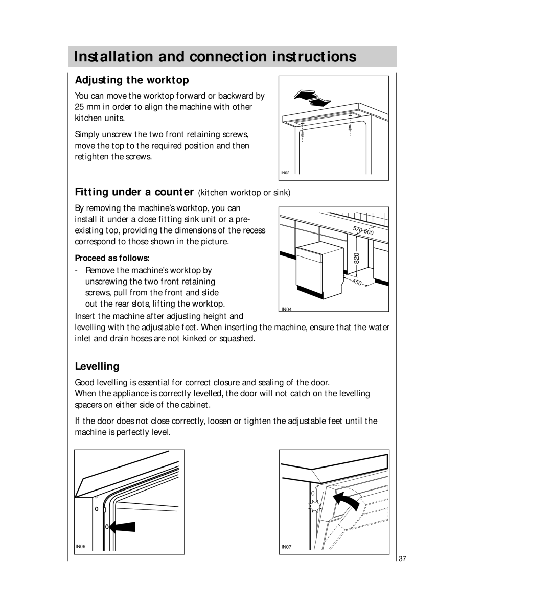 Electrolux FAVORIT 64800 Installation and connection instructions, Adjusting the worktop, Levelling, Proceed as follows 