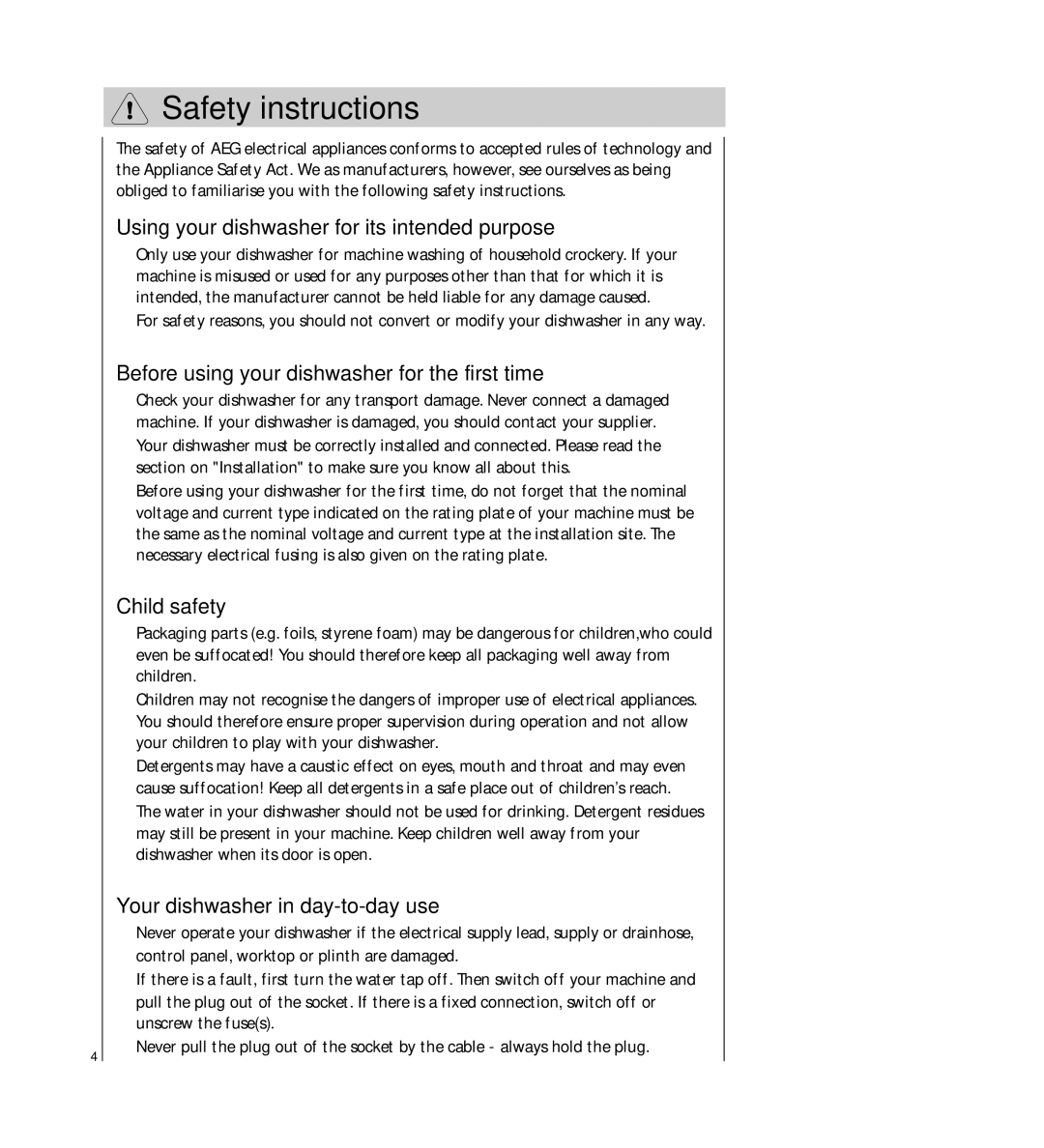 Electrolux FAVORIT 64800 manual Safety instructions, Using your dishwasher for its intended purpose 