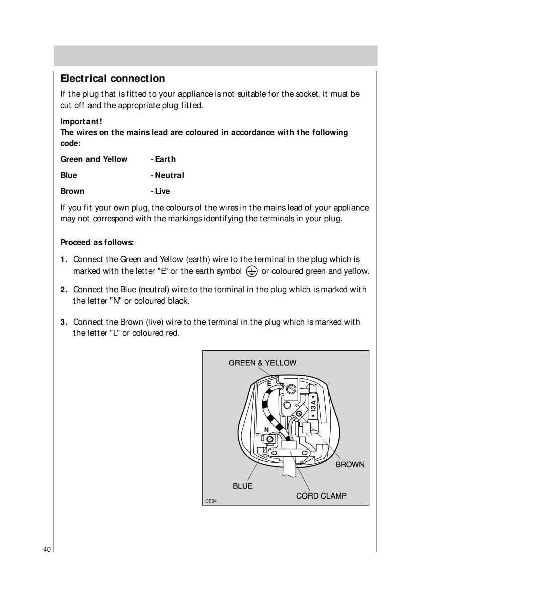 Electrolux FAVORIT 64800 manual Electrical connection, Proceed as follows 