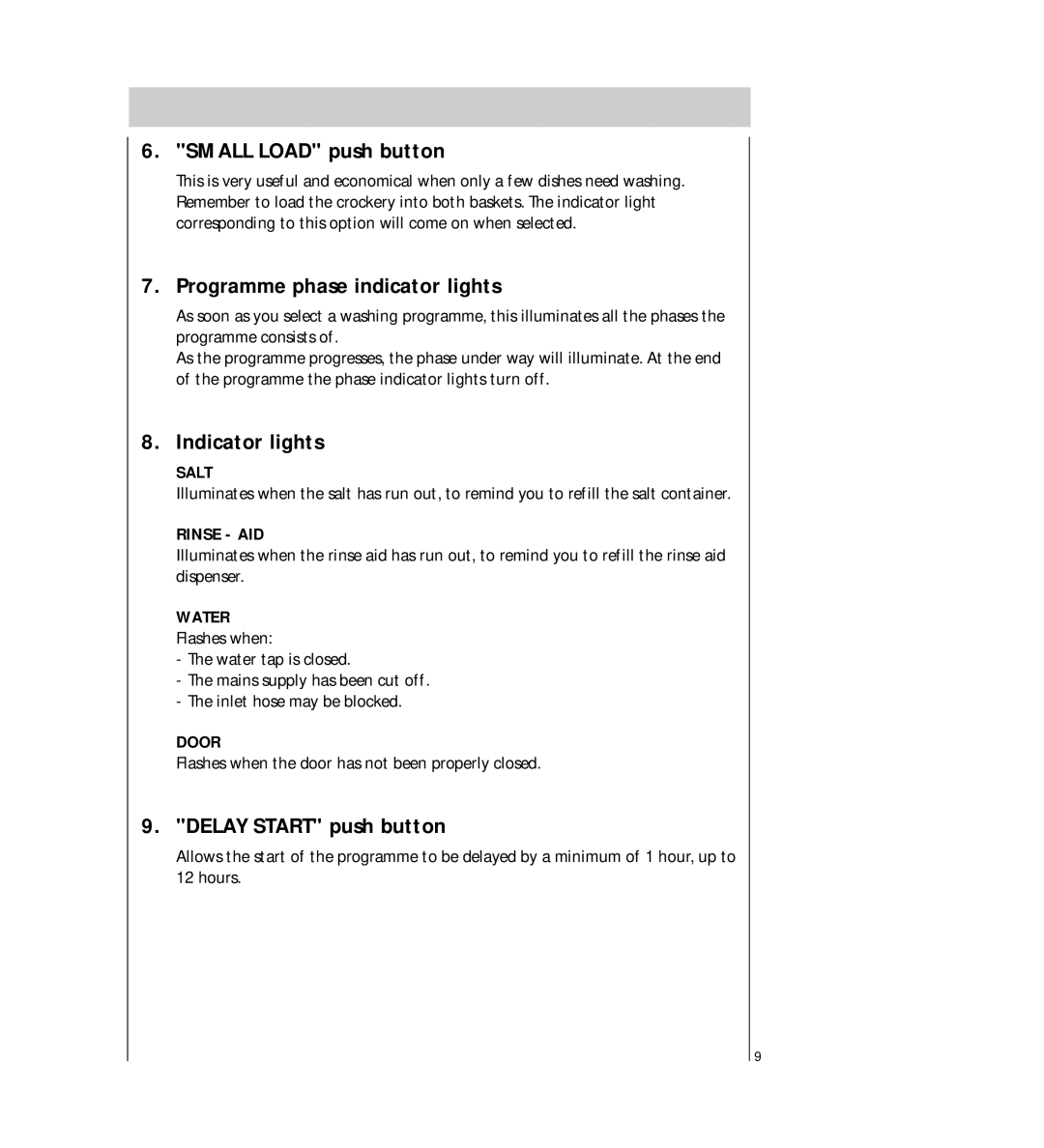 Electrolux FAVORIT 64800 manual Small Load push button, Programme phase indicator lights, Indicator lights 