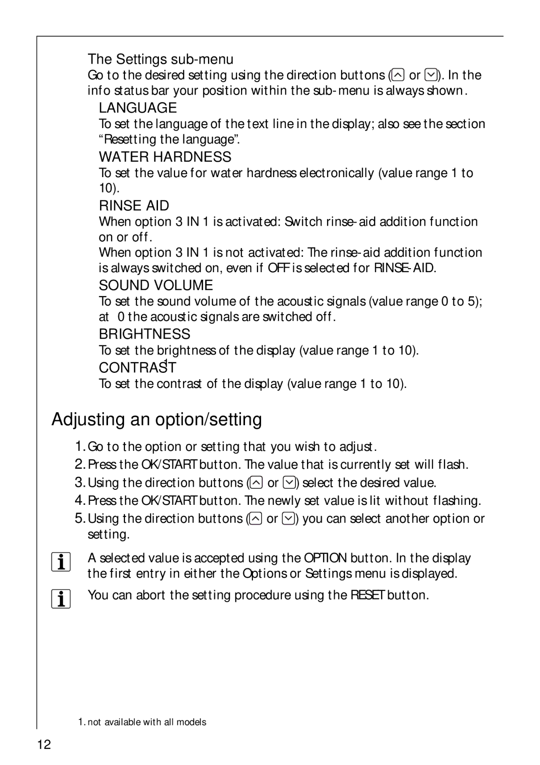 Electrolux FAVORIT 80860 manual Adjusting an option/setting, Settings sub-menu 