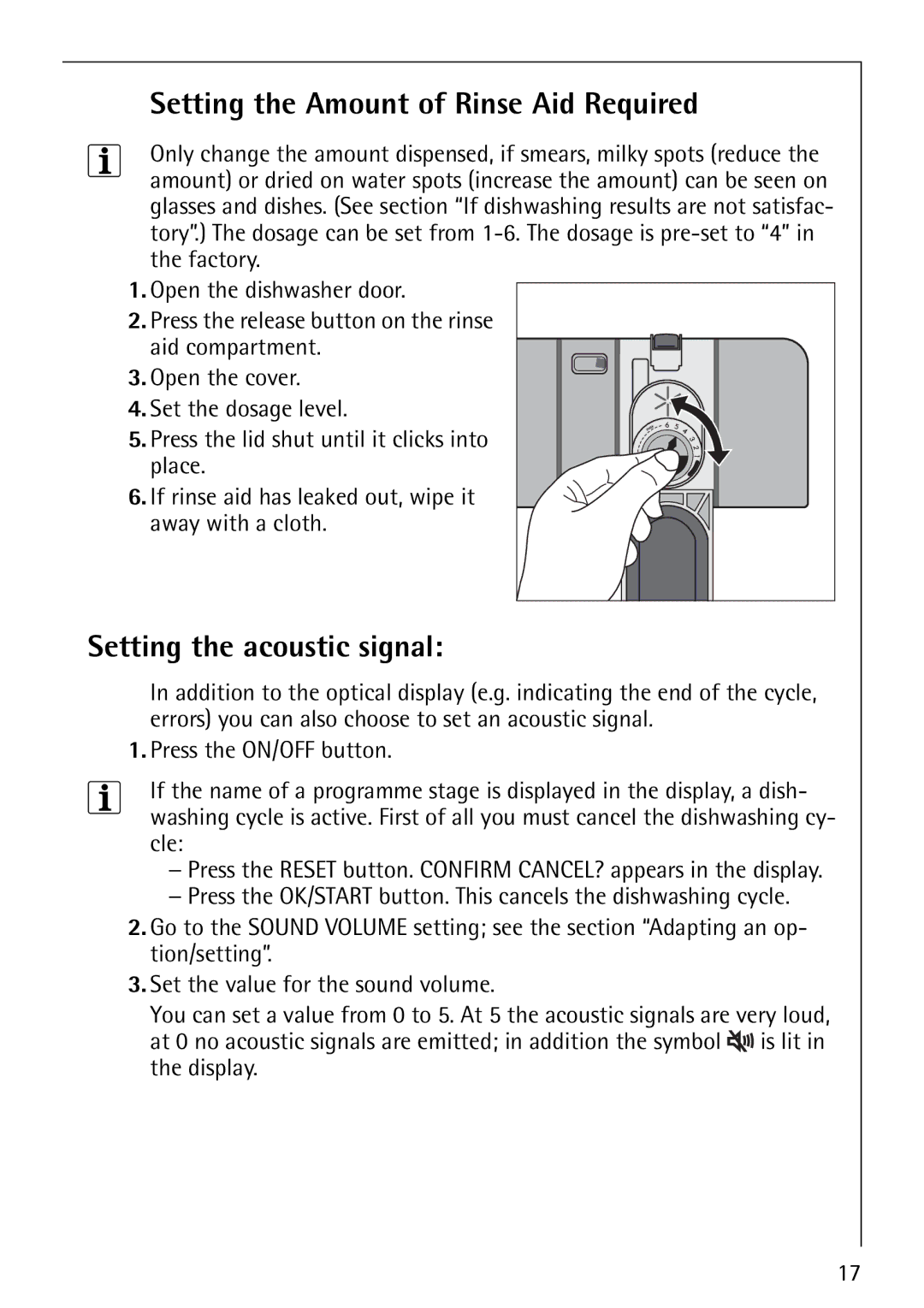 Electrolux FAVORIT 80860 manual Setting the Amount of Rinse Aid Required, Setting the acoustic signal 