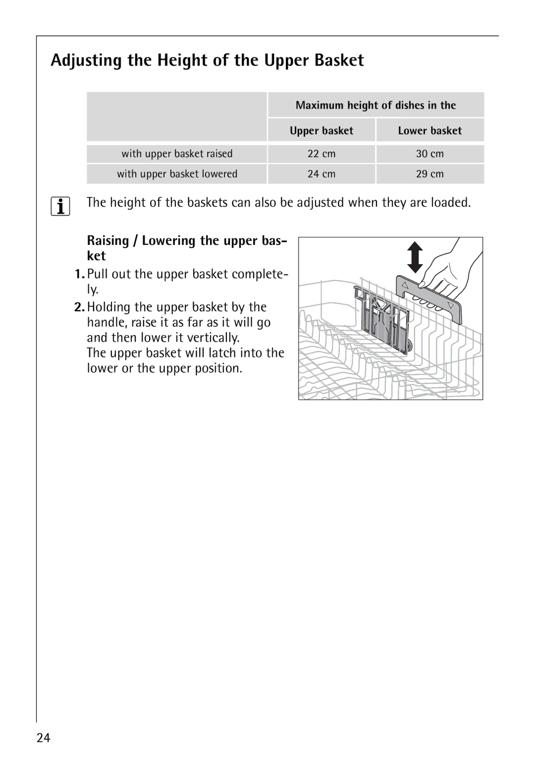 Electrolux FAVORIT 80860 manual Adjusting the Height of the Upper Basket, Raising / Lowering the upper bas- ket 