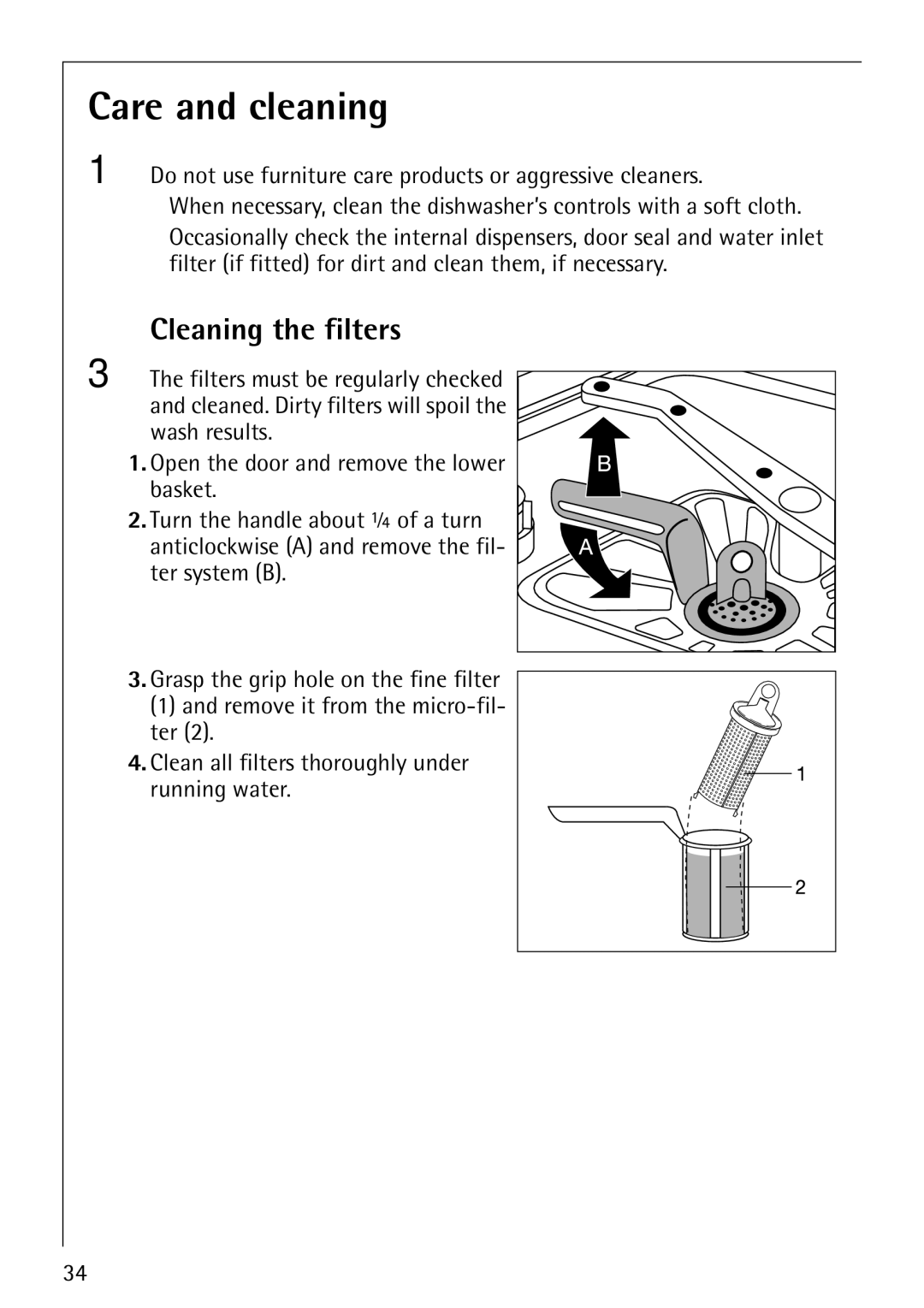 Electrolux FAVORIT 80860 manual Care and cleaning, Cleaning the filters 