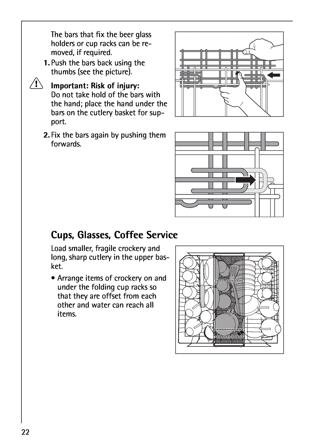 Electrolux FAVORIT 80860 manual Cups, Glasses, Coffee Service, Important Risk of injury 