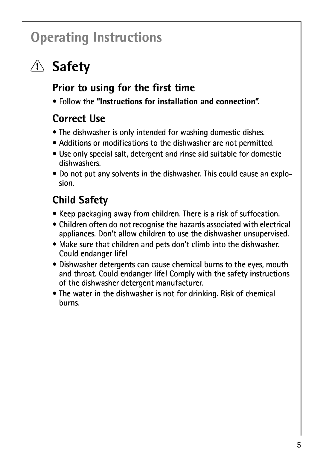 Electrolux FAVORIT 80860 manual Operating Instructions, Prior to using for the first time, Correct Use, Child Safety 