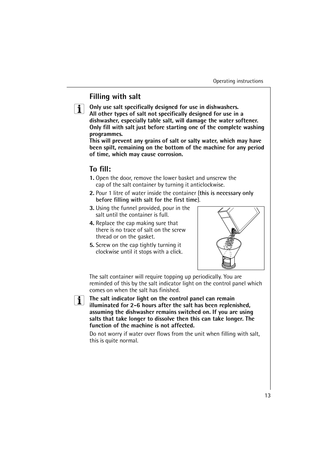 Electrolux FAVORIT 84470 manual Filling with salt, To fill 