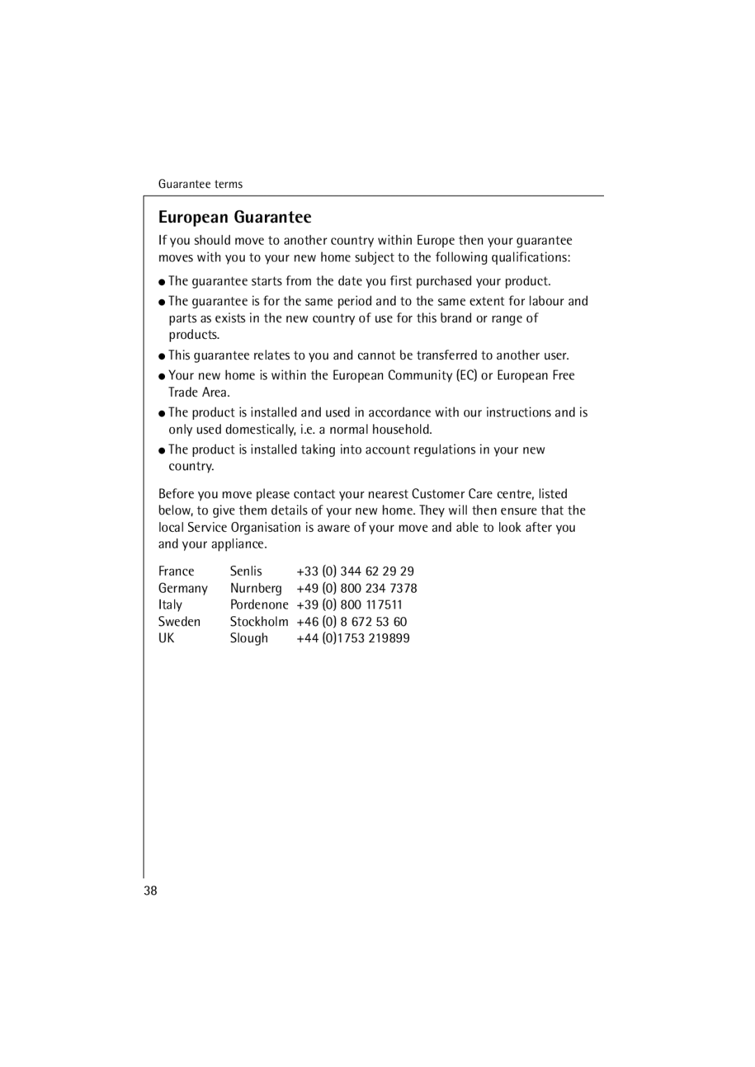 Electrolux FAVORIT 84470 manual European Guarantee 