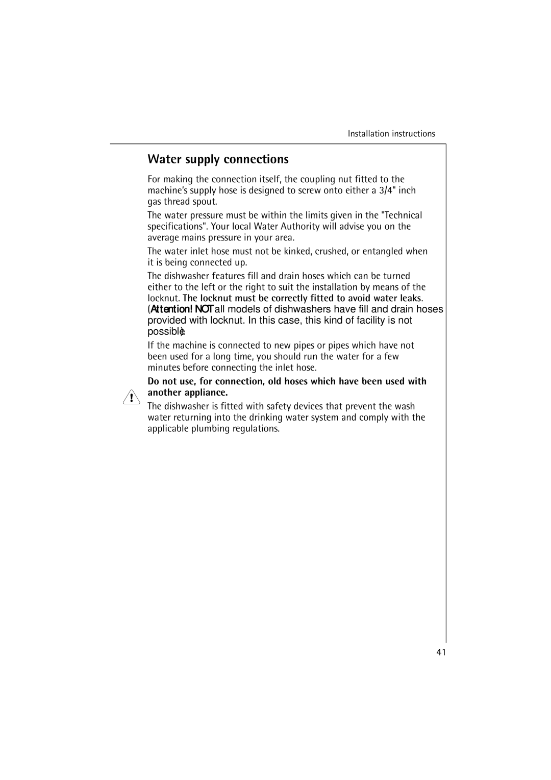 Electrolux FAVORIT 84470 manual Water supply connections 