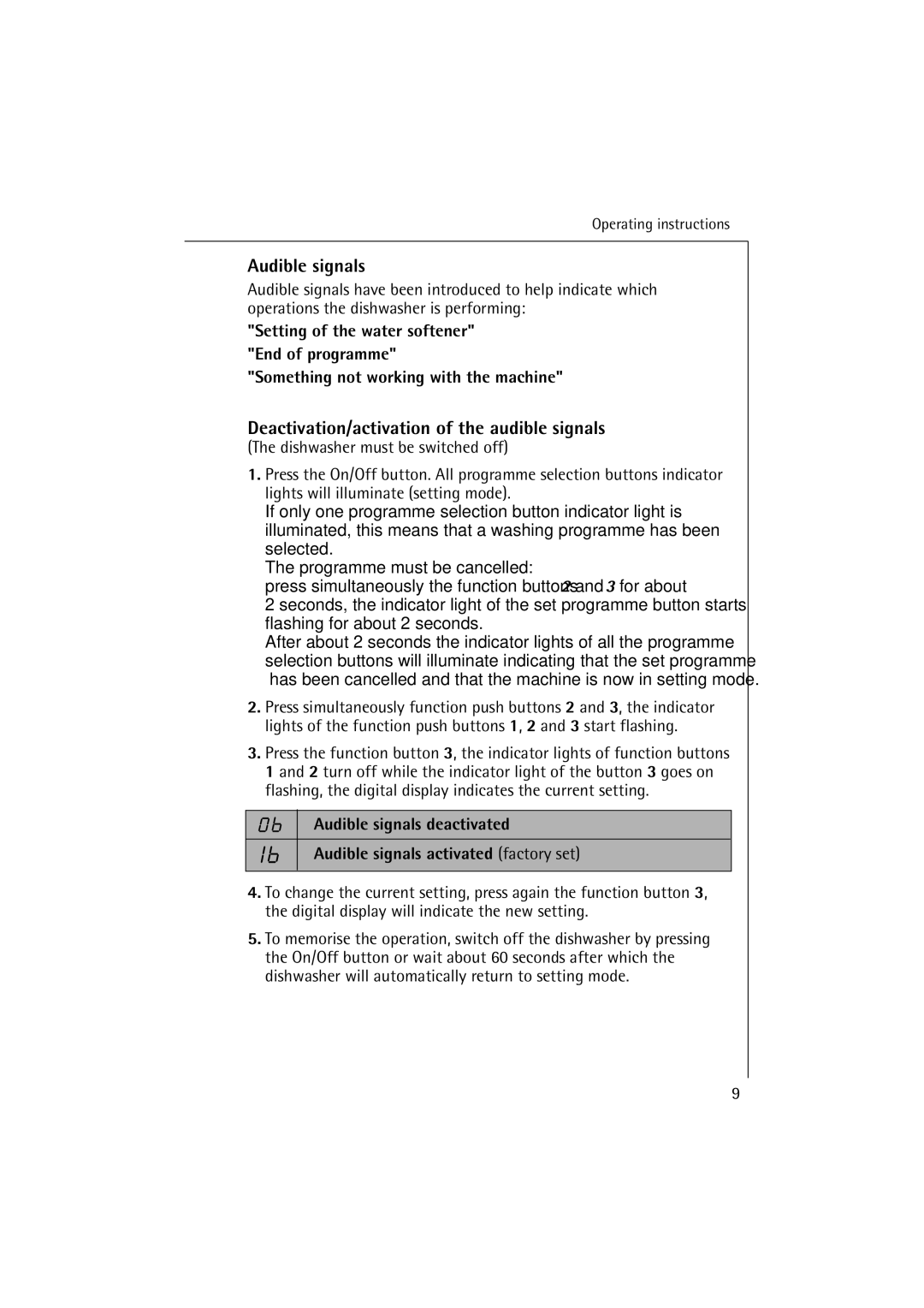 Electrolux FAVORIT 84470 manual Audible signals, Deactivation/activation of the audible signals 