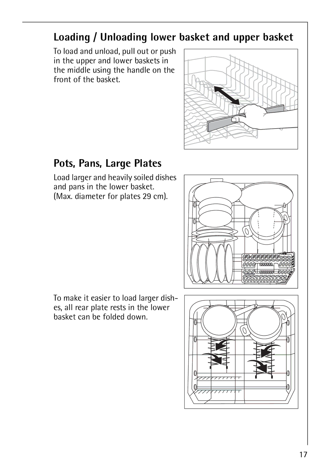 Electrolux FAVORIT 86070i manual Pots, Pans, Large Plates, Loading / Unloading lower basket and upper basket 