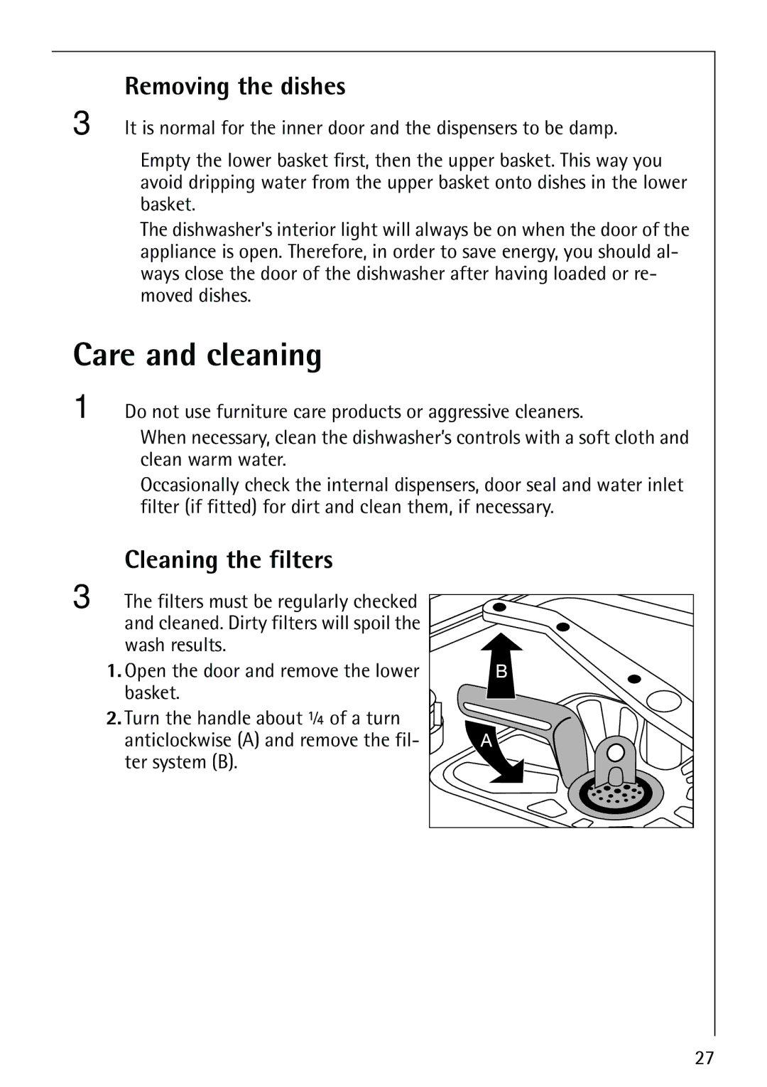 Electrolux FAVORIT 86070i manual Care and cleaning, Removing the dishes, Cleaning the filters 