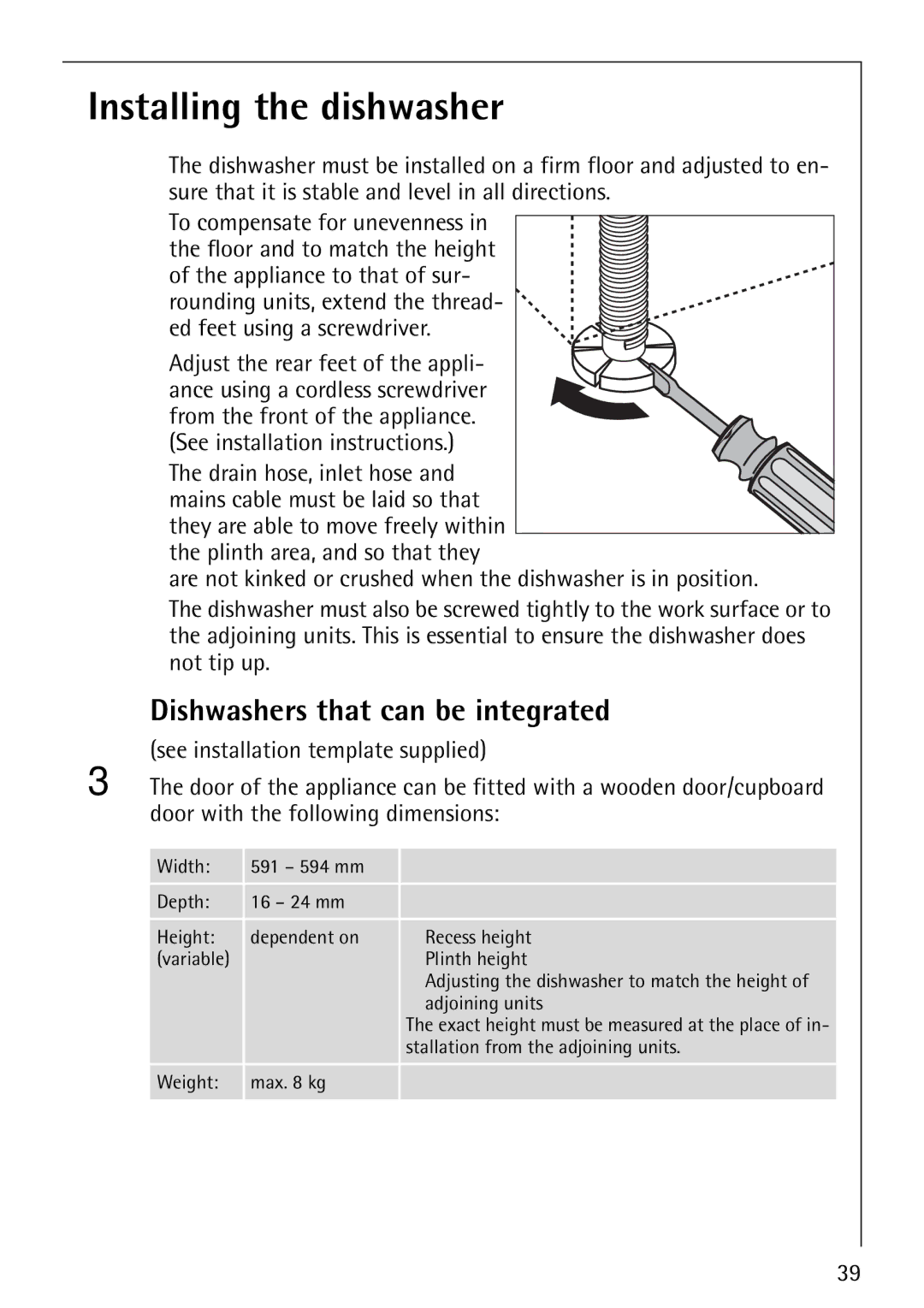 Electrolux FAVORIT 86070i manual Installing the dishwasher, Dishwashers that can be integrated 