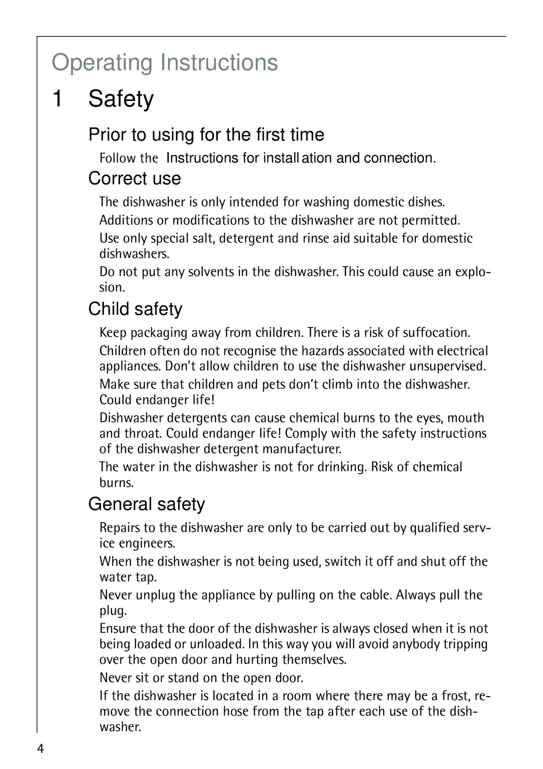 Electrolux FAVORIT 86070i manual Safety, Prior to using for the first time, Correct use, Child safety, General safety 