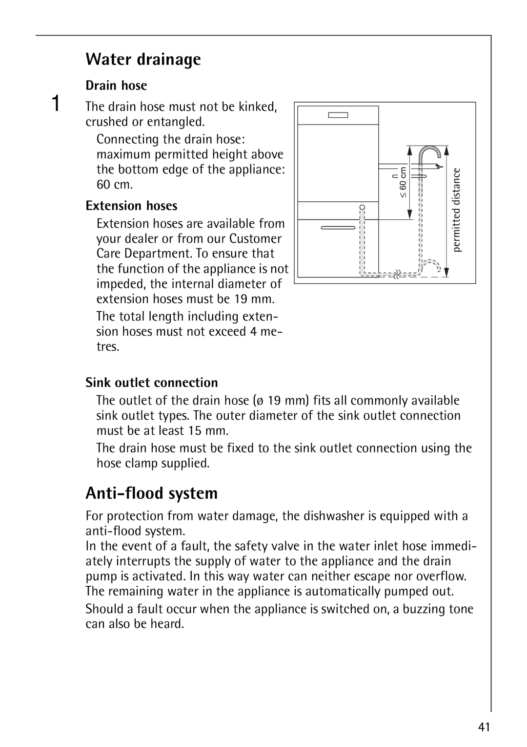 Electrolux FAVORIT 86070i manual Water drainage, Anti-flood system, Drain hose, Extension hoses, Sink outlet connection 