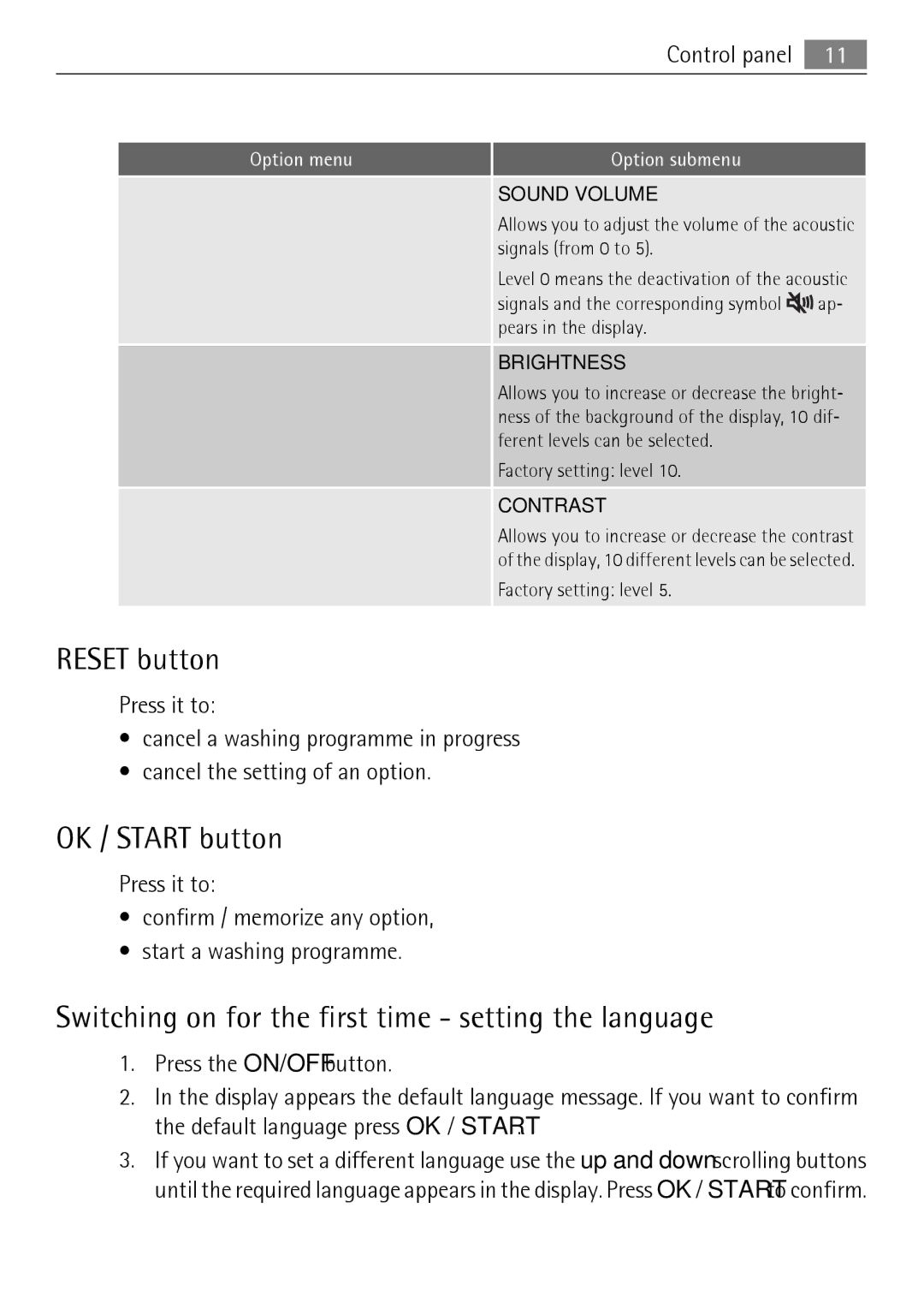 Electrolux FAVORIT 88010 user manual Reset button, OK / Start button, Switching on for the first time setting the language 