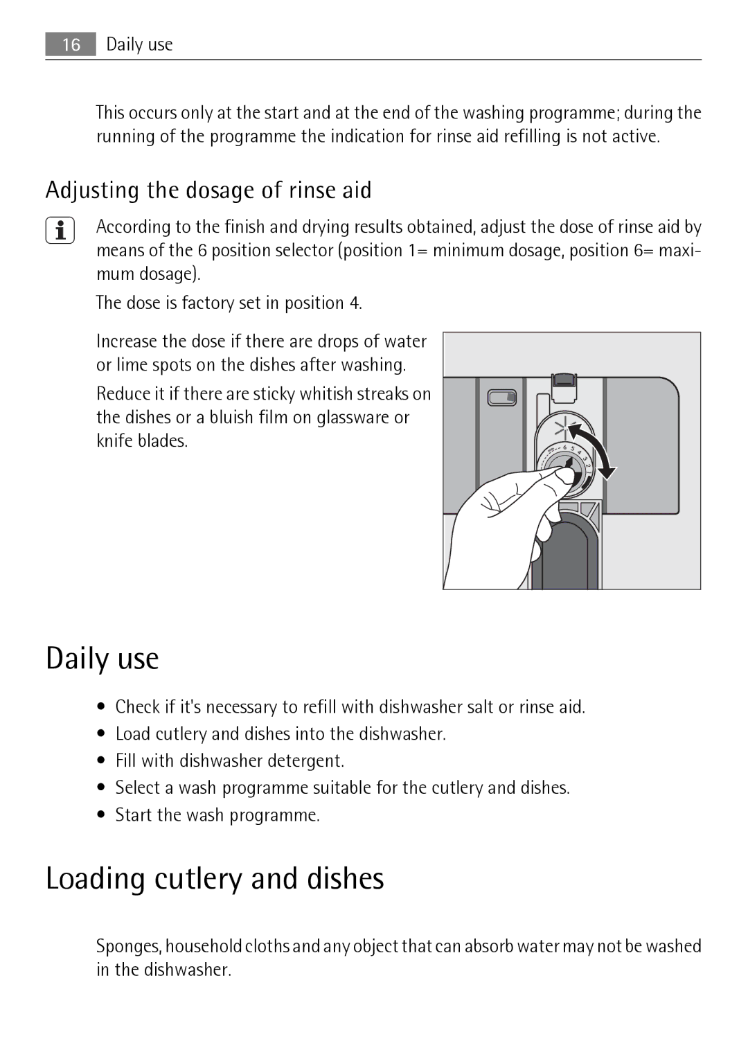 Electrolux FAVORIT 88010 user manual Daily use, Loading cutlery and dishes, Adjusting the dosage of rinse aid 