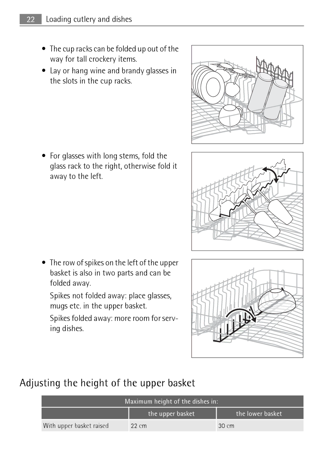 Electrolux FAVORIT 88010 Adjusting the height of the upper basket, Spikes folded away more room for serv- ing dishes 