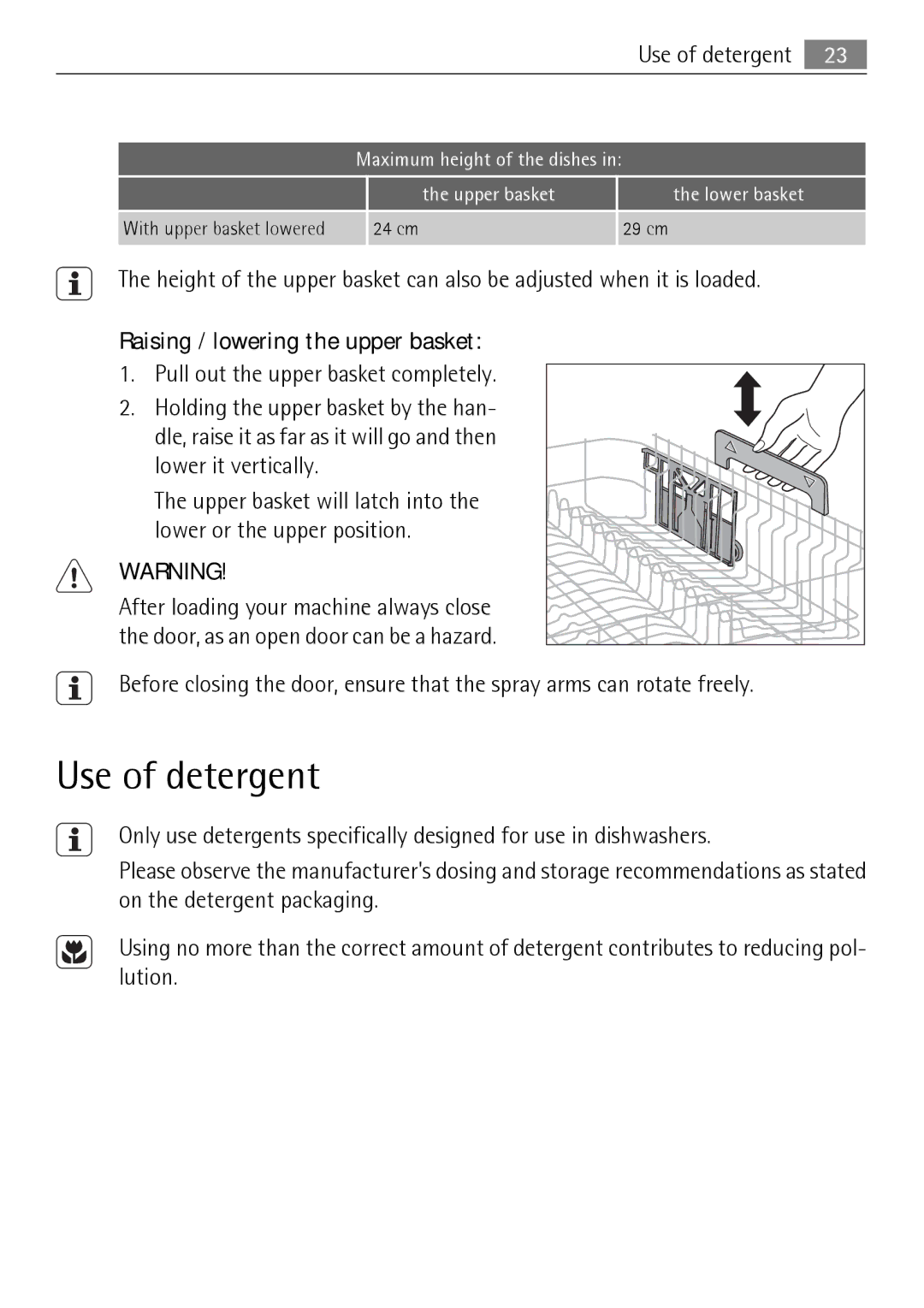 Electrolux FAVORIT 88010 user manual Use of detergent, Raising / lowering the upper basket 