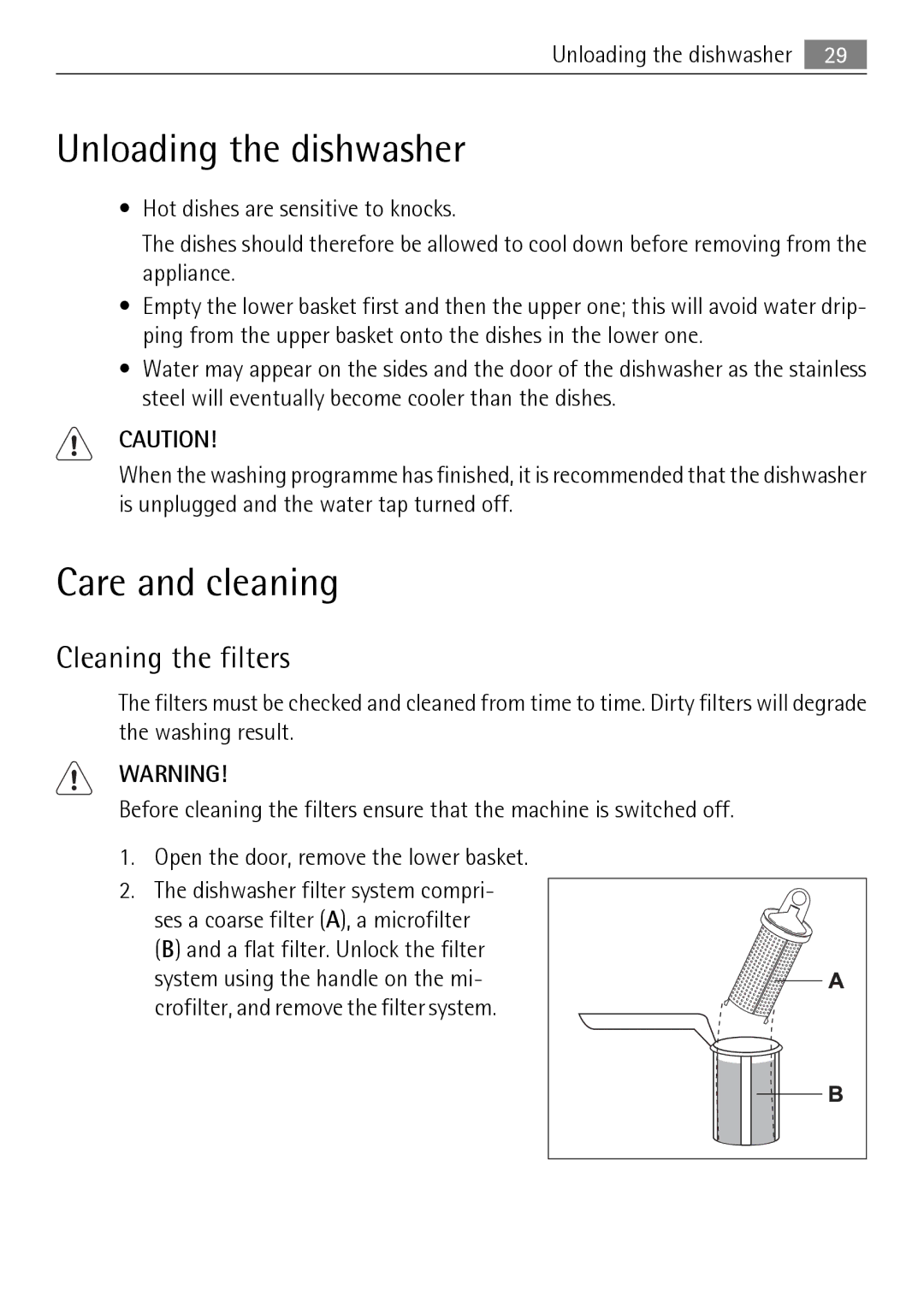 Electrolux FAVORIT 88010 user manual Unloading the dishwasher, Care and cleaning, Cleaning the filters 