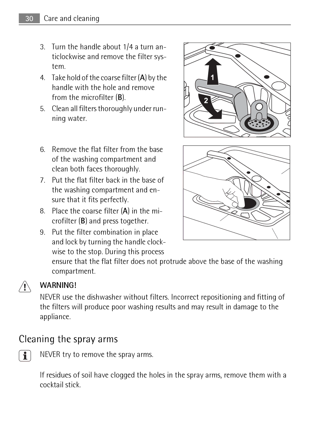 Electrolux FAVORIT 88010 user manual Cleaning the spray arms, Clean all filters thoroughly under run- ning water 