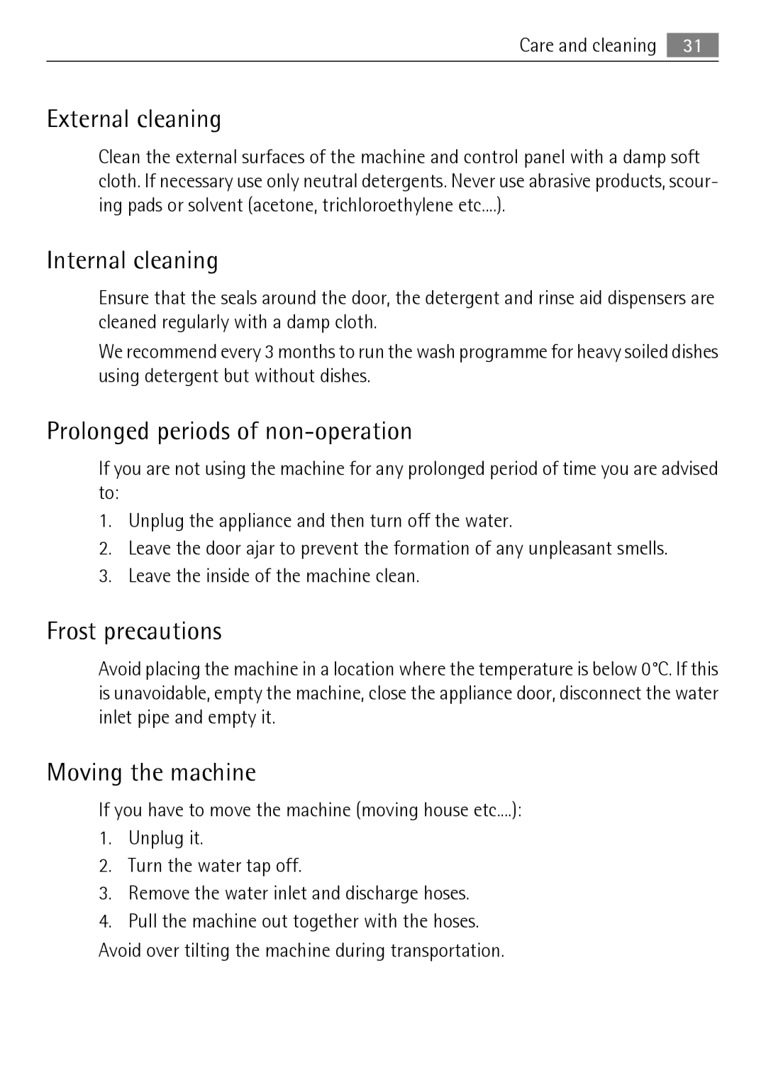 Electrolux FAVORIT 88010 External cleaning, Internal cleaning, Prolonged periods of non-operation, Frost precautions 