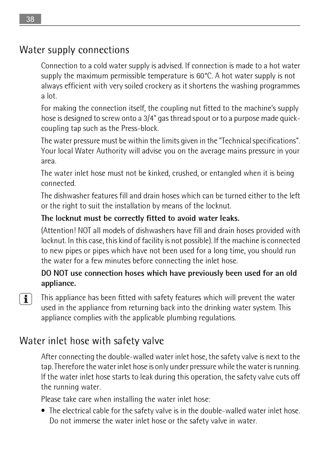 Electrolux FAVORIT 88010 user manual Water supply connections, Water inlet hose with safety valve 