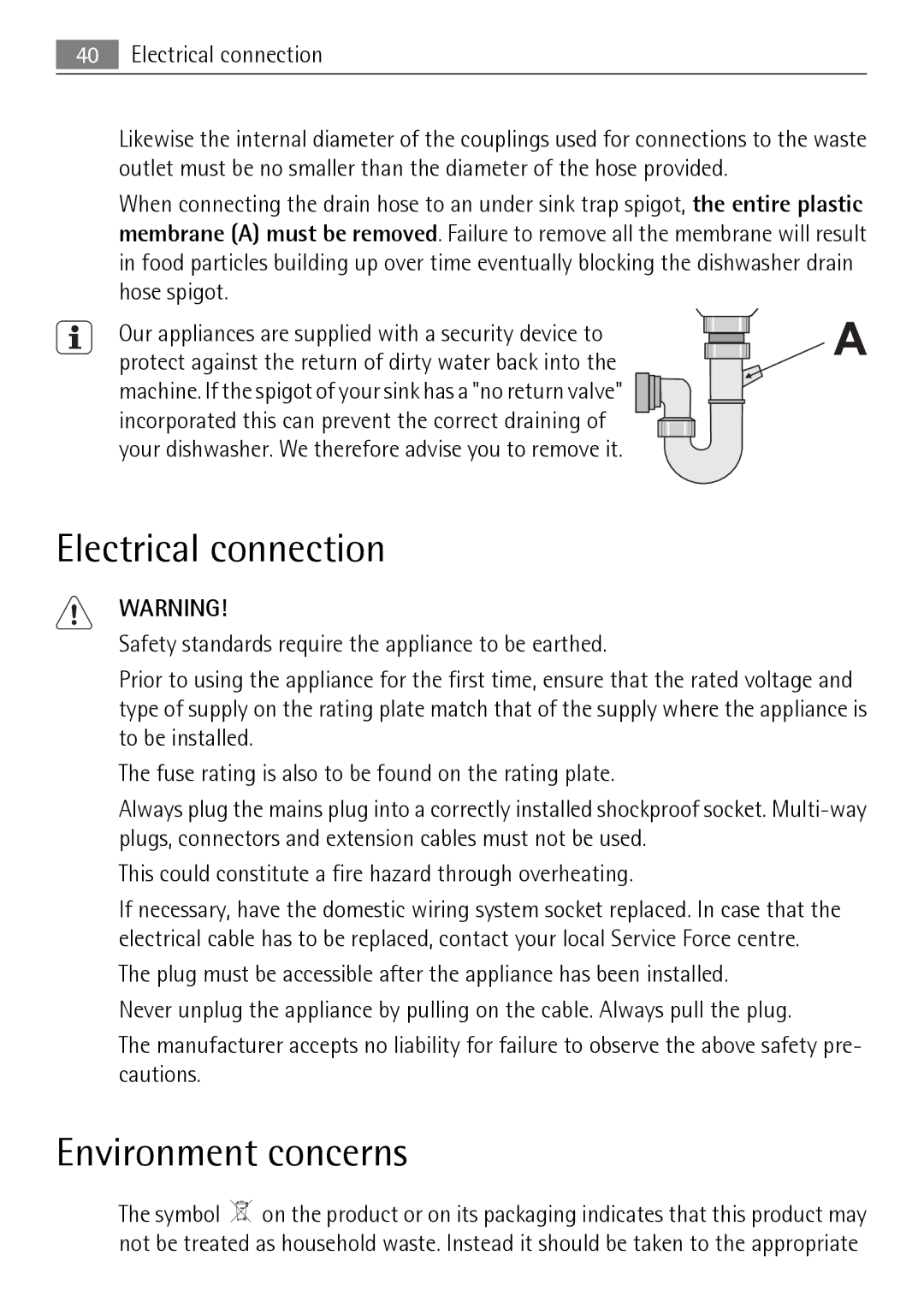 Electrolux FAVORIT 88010 user manual Electrical connection, Environment concerns 