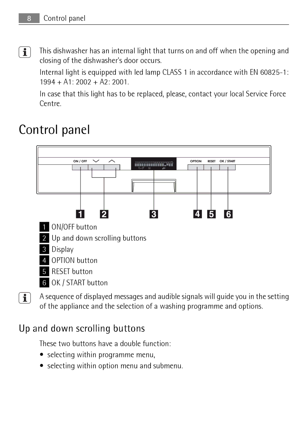 Electrolux FAVORIT 88010 user manual Control panel, Up and down scrolling buttons 