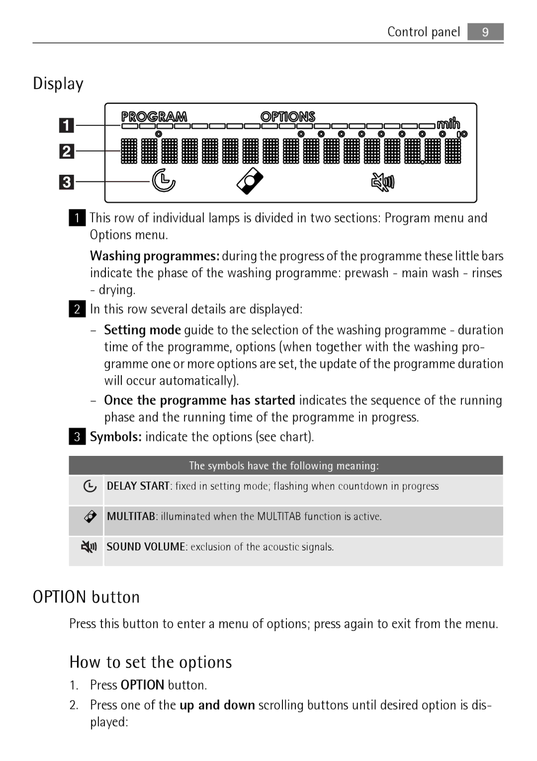 Electrolux FAVORIT 88010 user manual Display, Option button, How to set the options, Symbols indicate the options see chart 