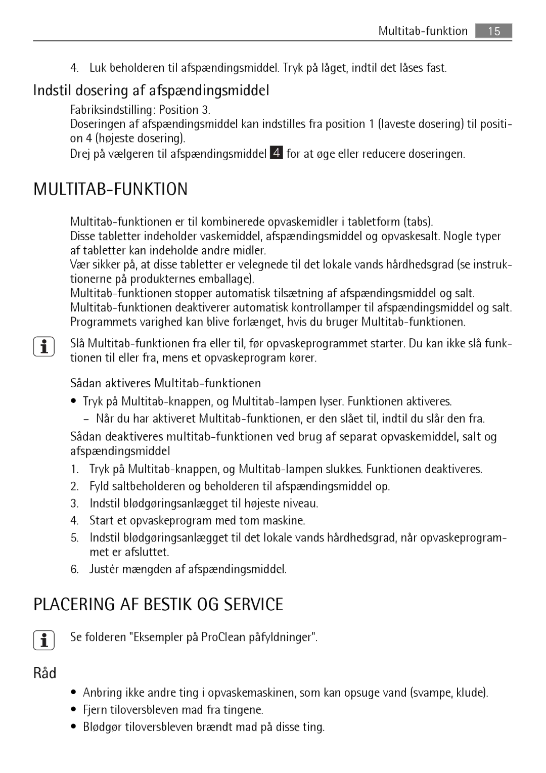 Electrolux FAVORIT 88060 VI Multitab-Funktion, Placering AF Bestik OG Service, Indstil dosering af afspændingsmiddel, Råd 