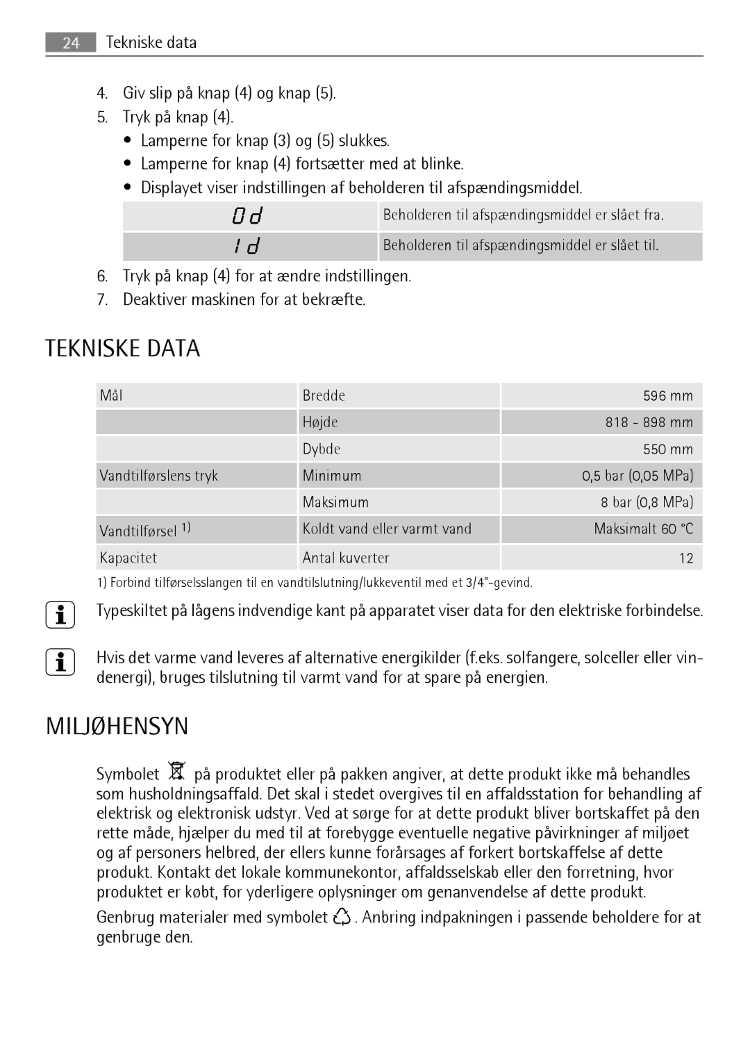 Electrolux FAVORIT 88060 VI user manual Tekniske Data, Miljøhensyn 