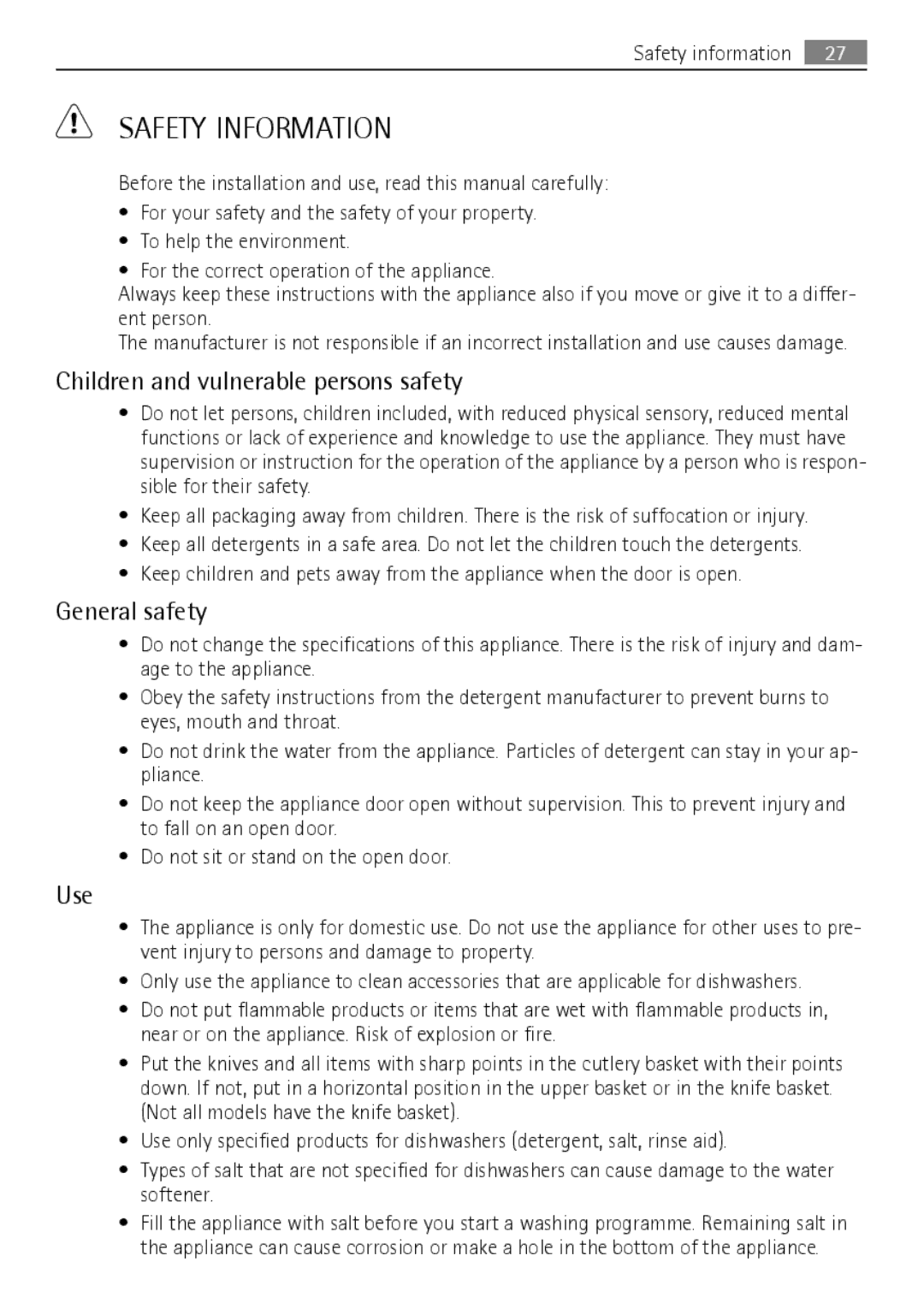 Electrolux FAVORIT 88060 VI user manual Safety Information, Children and vulnerable persons safety, General safety, Use 