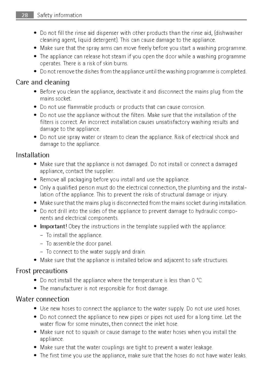 Electrolux FAVORIT 88060 VI user manual Care and cleaning, Frost precautions, Water connection 