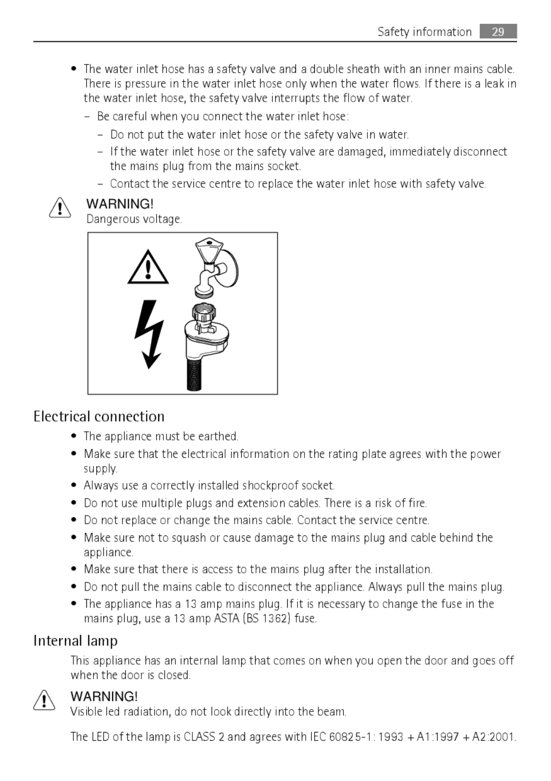 Electrolux FAVORIT 88060 VI user manual Electrical connection, Internal lamp 