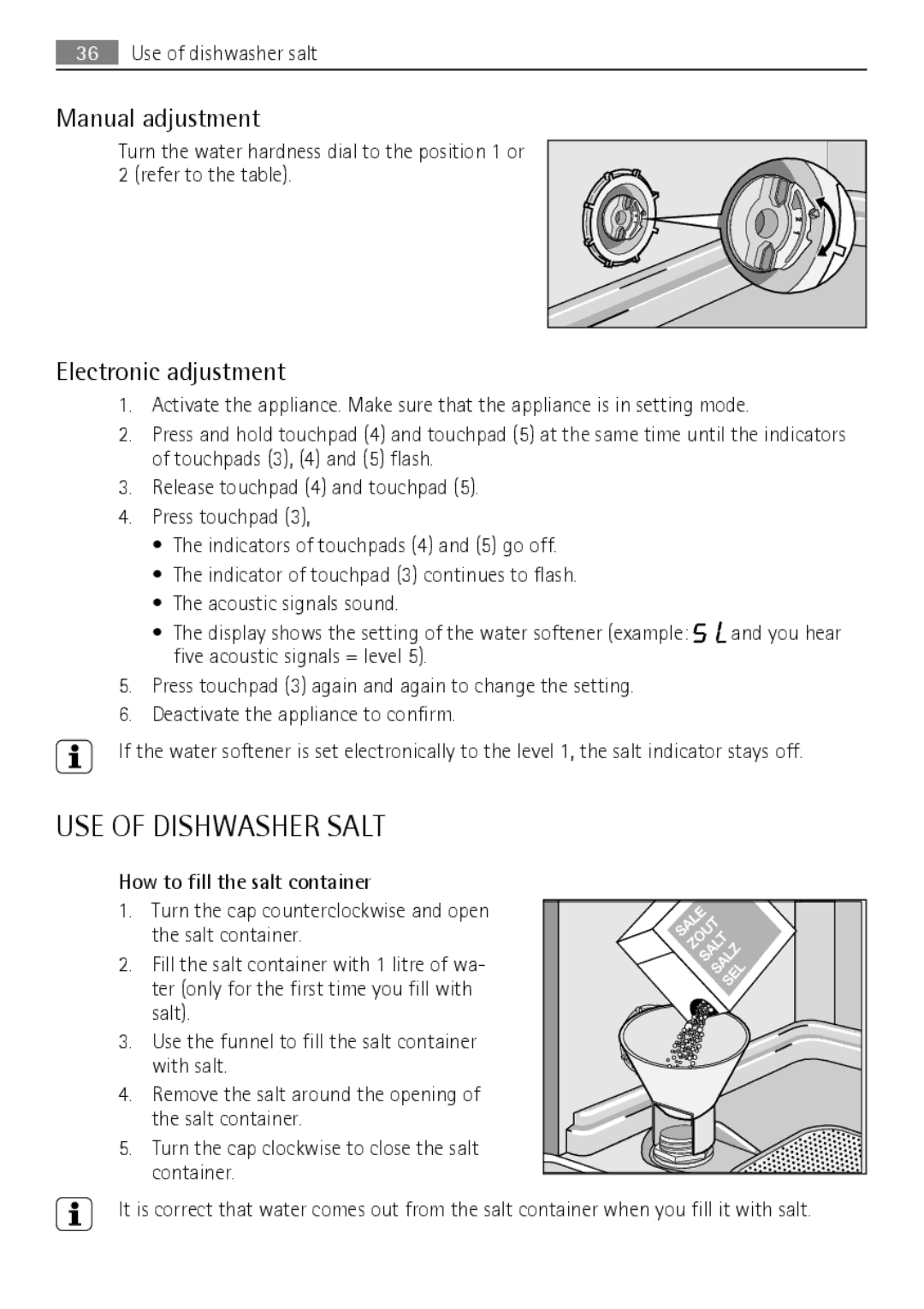 Electrolux FAVORIT 88060 VI user manual USE of Dishwasher Salt, Manual adjustment, Electronic adjustment 