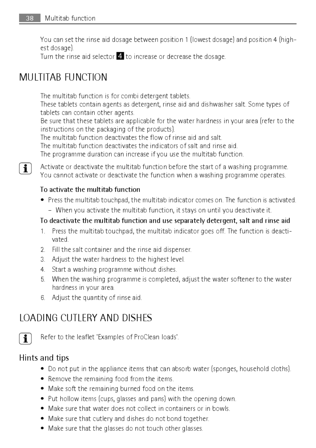 Electrolux FAVORIT 88060 VI user manual Multitab Function, Loading Cutlery and Dishes, Hints and tips 