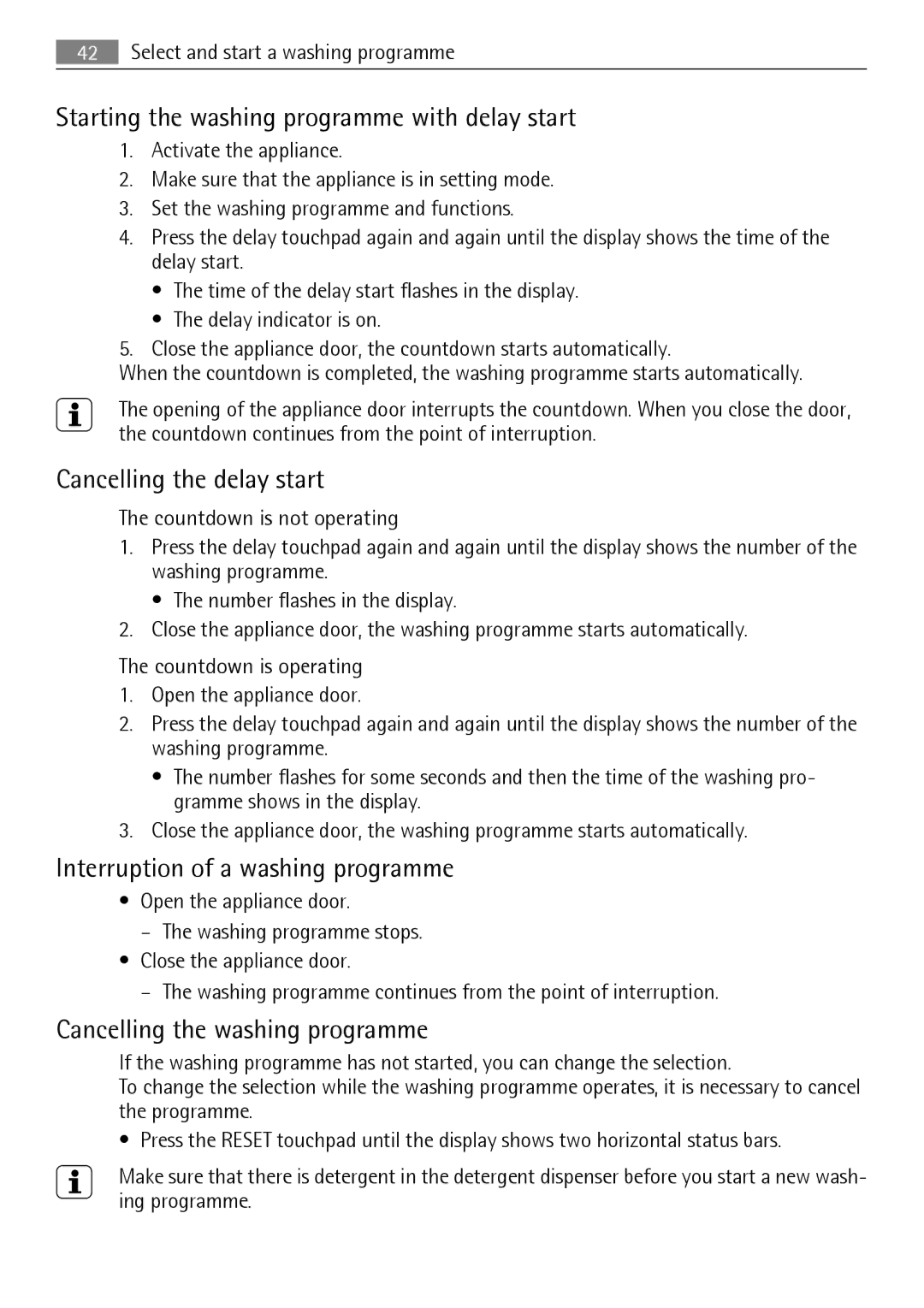 Electrolux FAVORIT 88060 VI user manual Starting the washing programme with delay start, Cancelling the delay start 