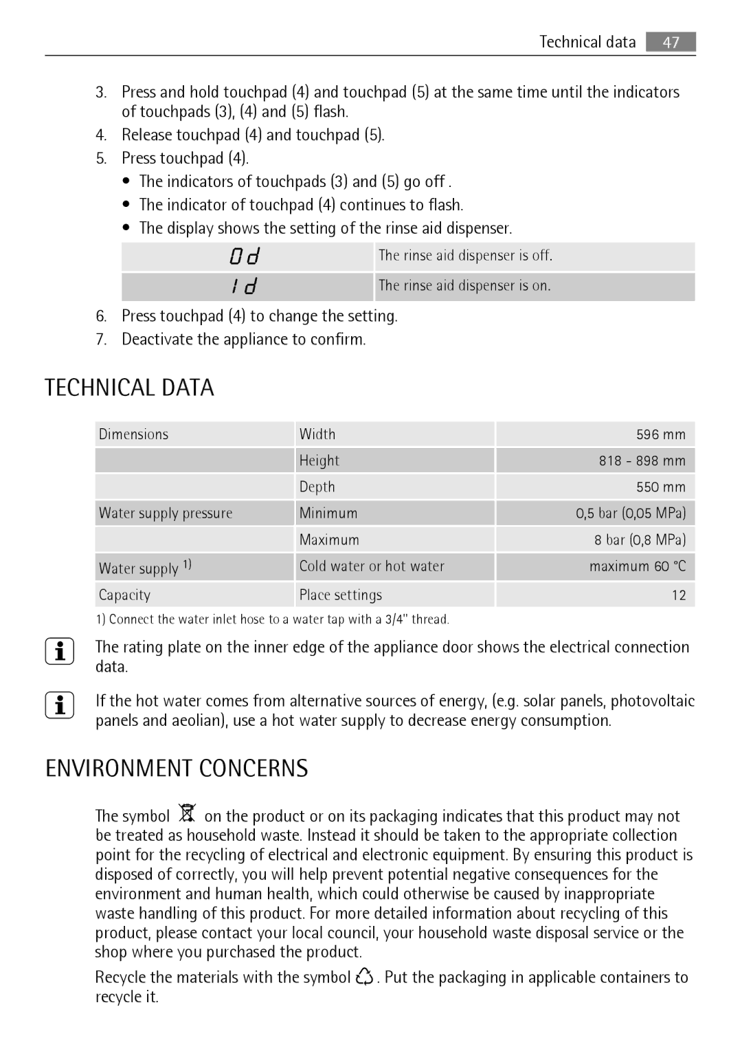 Electrolux FAVORIT 88060 VI user manual Technical Data, Environment Concerns 