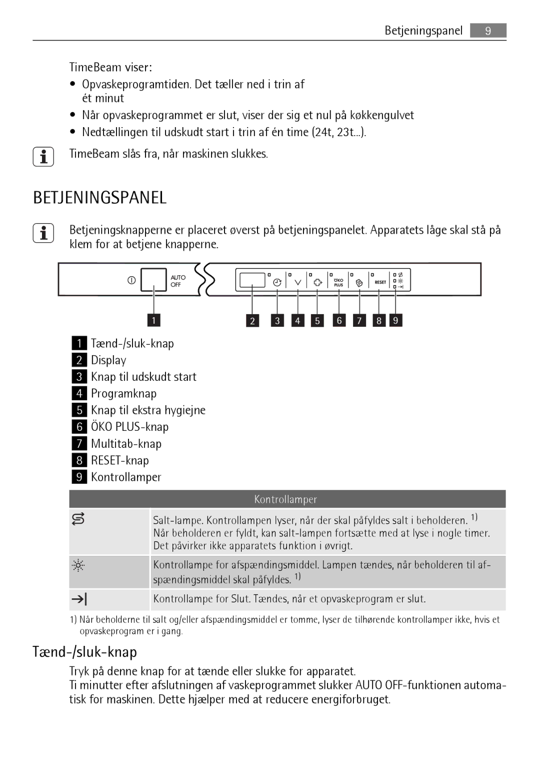 Electrolux FAVORIT 88060 VI user manual Betjeningspanel, Tænd-/sluk-knap, Kontrollamper 