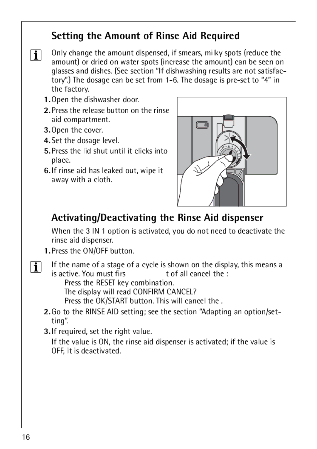 Electrolux FAVORIT 88070 manual Setting the Amount of Rinse Aid Required, Activating/Deactivating the Rinse Aid dispenser 