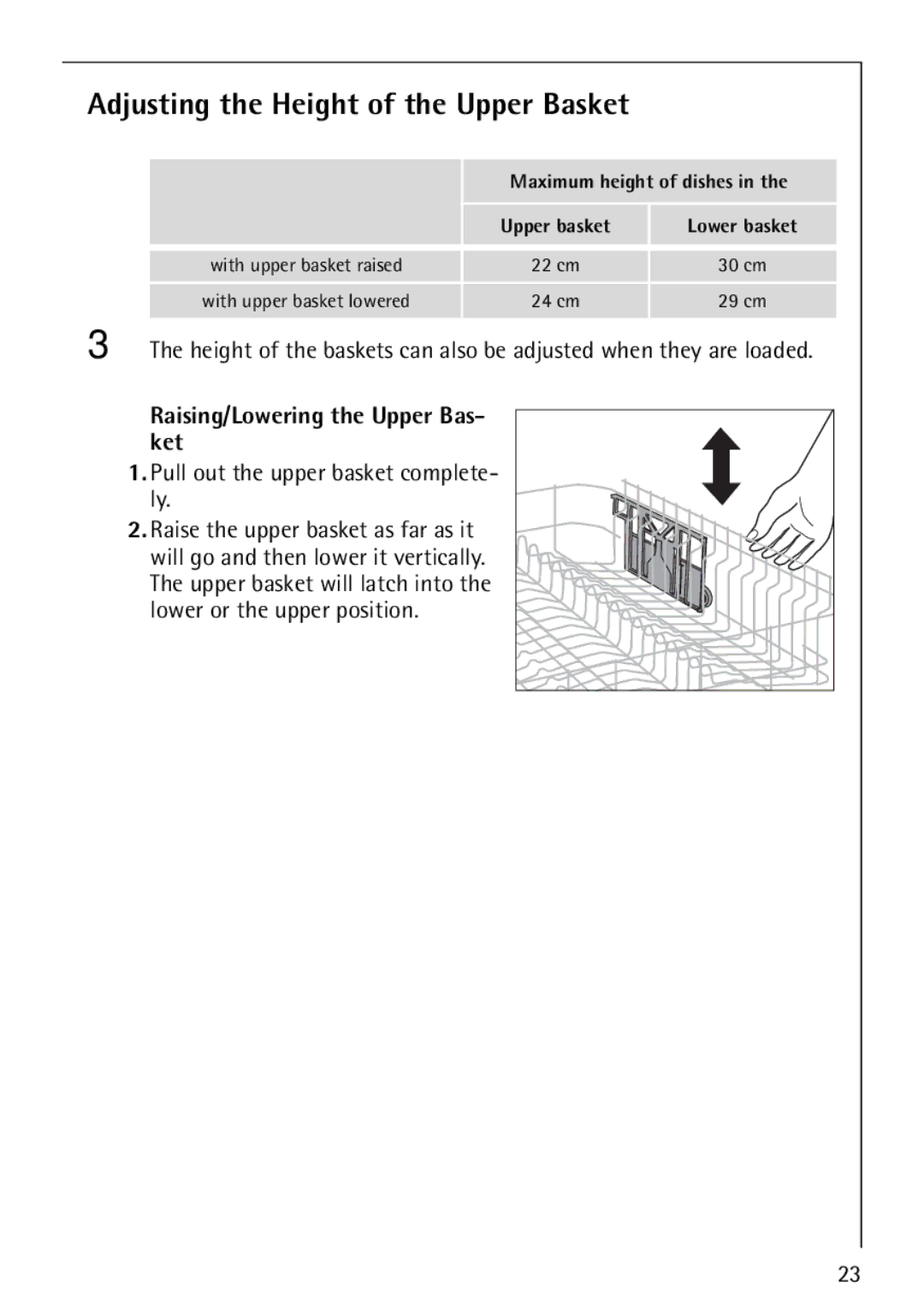 Electrolux FAVORIT 88070 manual Adjusting the Height of the Upper Basket, Raising/Lowering the Upper Bas- ket 