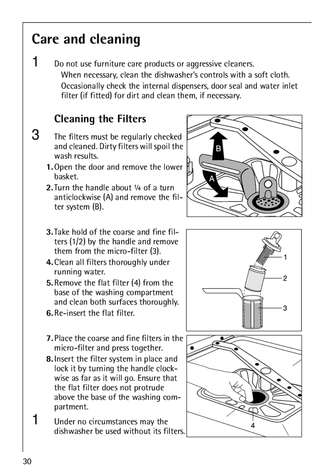 Electrolux FAVORIT 88070 manual Care and cleaning, Cleaning the Filters 